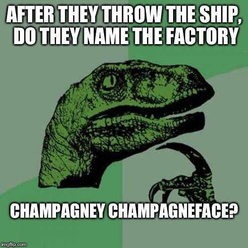 Philosoraptor Meme | AFTER THEY THROW THE SHIP, DO THEY NAME THE FACTORY CHAMPAGNEY CHAMPAGNEFACE? | image tagged in memes,philosoraptor | made w/ Imgflip meme maker