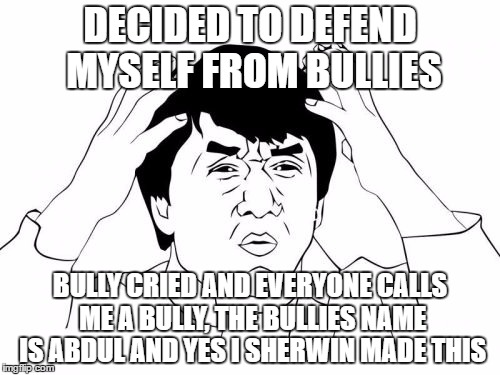 Jackie Chan WTF | DECIDED TO DEFEND MYSELF FROM BULLIES; BULLY CRIED AND EVERYONE CALLS ME A BULLY, THE BULLIES NAME IS ABDUL AND YES I SHERWIN MADE THIS | image tagged in memes,jackie chan wtf | made w/ Imgflip meme maker