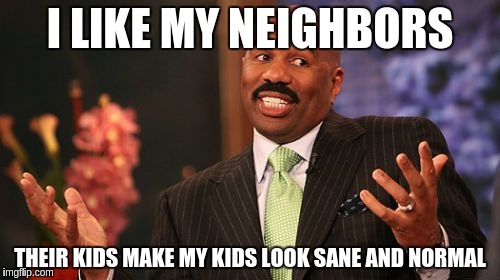 I LIKE MY NEIGHBORS; THEIR KIDS MAKE MY KIDS LOOK SANE AND NORMAL | image tagged in memes,steve harvey | made w/ Imgflip meme maker