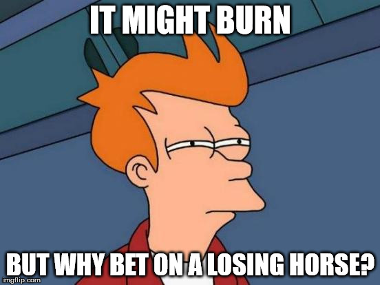 Futurama Fry Meme | IT MIGHT BURN; BUT WHY BET ON A LOSING HORSE? | image tagged in memes,futurama fry | made w/ Imgflip meme maker