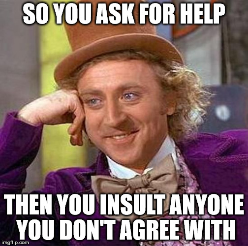 Creepy Condescending Wonka | SO YOU ASK FOR HELP; THEN YOU INSULT ANYONE YOU DON'T AGREE WITH | image tagged in memes,creepy condescending wonka | made w/ Imgflip meme maker