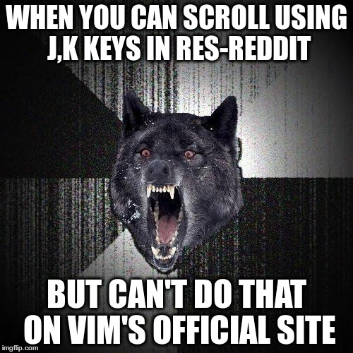 Insanity Wolf Meme | WHEN YOU CAN SCROLL USING J,K KEYS IN RES-REDDIT; BUT CAN'T DO THAT ON VIM'S OFFICIAL SITE | image tagged in memes,insanity wolf,linuxmasterrace | made w/ Imgflip meme maker