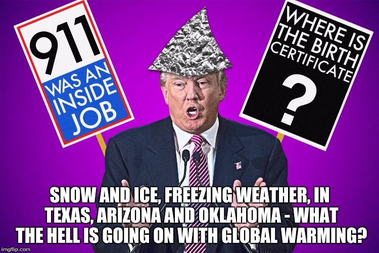 donald trump tinfoil hat | SNOW AND ICE, FREEZING WEATHER, IN TEXAS, ARIZONA AND OKLAHOMA - WHAT THE HELL IS GOING ON WITH GLOBAL WARMING? | image tagged in donald trump tinfoil hat | made w/ Imgflip meme maker