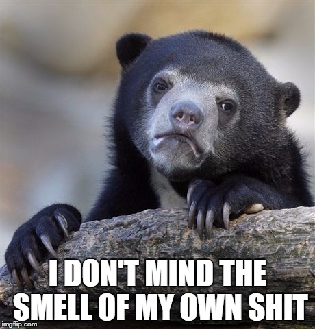 Confession Bear Meme | I DON'T MIND THE SMELL OF MY OWN SHIT | image tagged in memes,confession bear,AdviceAnimals | made w/ Imgflip meme maker