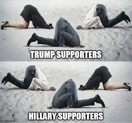 Heads in the Sand | TRUMP SUPPORTERS; HILLARY SUPPORTERS | image tagged in donald trump,hillary clinton | made w/ Imgflip meme maker