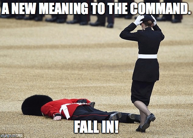 Fall in | A NEW MEANING TO THE COMMAND. FALL IN! | image tagged in guard | made w/ Imgflip meme maker
