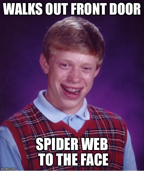 Bad Luck Brian | WALKS OUT FRONT DOOR; SPIDER WEB TO THE FACE | image tagged in memes,bad luck brian,AdviceAnimals | made w/ Imgflip meme maker