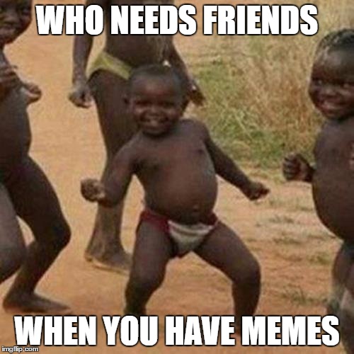 Third World Success Kid | WHO NEEDS FRIENDS; WHEN YOU HAVE MEMES | image tagged in memes,third world success kid | made w/ Imgflip meme maker