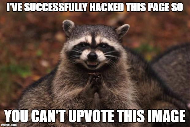 evil genius racoon | I'VE SUCCESSFULLY HACKED THIS PAGE SO; YOU CAN'T UPVOTE THIS IMAGE | image tagged in evil genius racoon | made w/ Imgflip meme maker