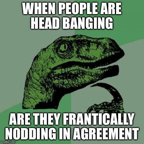 Philosoraptor Meme | WHEN PEOPLE ARE HEAD BANGING; ARE THEY FRANTICALLY NODDING IN AGREEMENT | image tagged in memes,philosoraptor | made w/ Imgflip meme maker