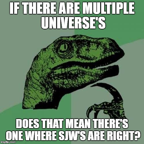 Philosoraptor Meme | IF THERE ARE MULTIPLE UNIVERSE'S; DOES THAT MEAN THERE'S ONE WHERE SJW'S ARE RIGHT? | image tagged in memes,philosoraptor | made w/ Imgflip meme maker