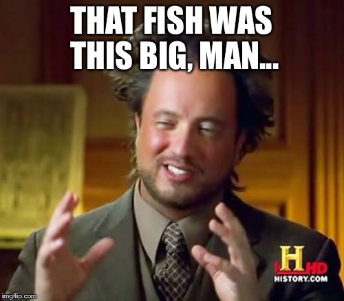 Ancient Aliens Meme | THAT FISH WAS THIS BIG, MAN... | image tagged in fish,fishing,lying,huge | made w/ Imgflip meme maker
