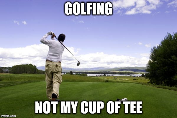 Golfer Bad Pun | GOLFING; NOT MY CUP OF TEE | image tagged in golfer,memes,inferno390 | made w/ Imgflip meme maker