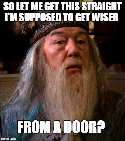 Dumbledore | SO LET ME GET THIS STRAIGHT I'M SUPPOSED TO GET WISER; FROM A DOOR? | image tagged in dumbledore | made w/ Imgflip meme maker
