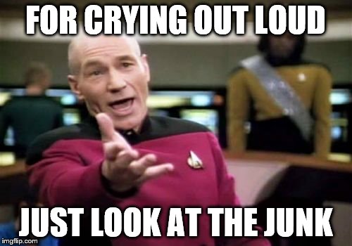 Picard Wtf Meme | FOR CRYING OUT LOUD JUST LOOK AT THE JUNK | image tagged in memes,picard wtf | made w/ Imgflip meme maker