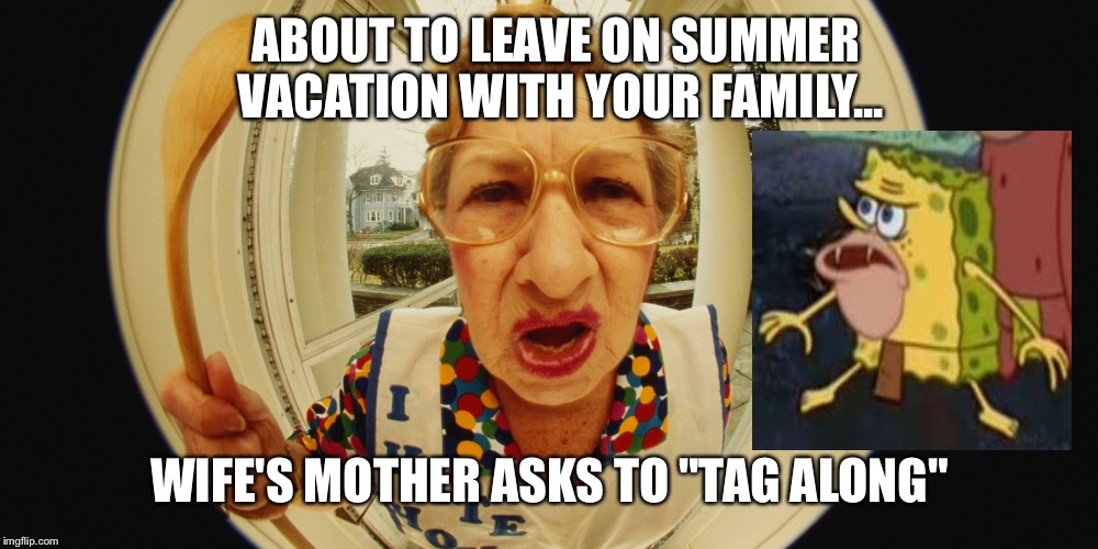 This Happens All Over America, This Time Of Year... | ABOUT TO LEAVE ON SUMMER VACATION WITH YOUR FAMILY... WIFE'S MOTHER ASKS TO "TAG ALONG" | image tagged in mother in law peephole,spongegar meme,memes | made w/ Imgflip meme maker