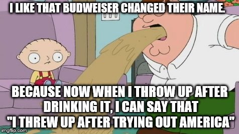 Get it? Because it tastes like giraffe piss? | I LIKE THAT BUDWEISER CHANGED THEIR NAME. BECAUSE NOW WHEN I THROW UP AFTER DRINKING IT, I CAN SAY THAT "I THREW UP AFTER TRYING OUT AMERICA" | image tagged in memes,family guy | made w/ Imgflip meme maker