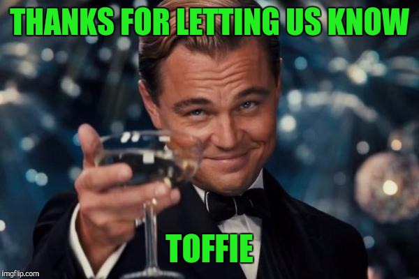 Leonardo Dicaprio Cheers Meme | THANKS FOR LETTING US KNOW TOFFIE | image tagged in memes,leonardo dicaprio cheers | made w/ Imgflip meme maker