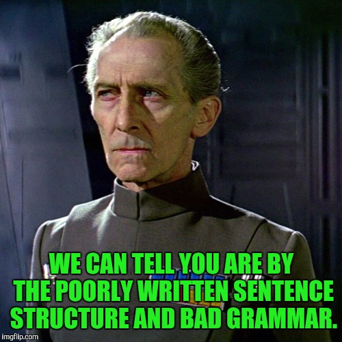 WE CAN TELL YOU ARE BY THE POORLY WRITTEN SENTENCE STRUCTURE AND BAD GRAMMAR. | made w/ Imgflip meme maker