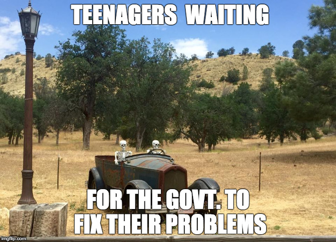 TEENAGERS  WAITING; FOR THE GOVT. TO FIX THEIR PROBLEMS | image tagged in skeletons in car | made w/ Imgflip meme maker