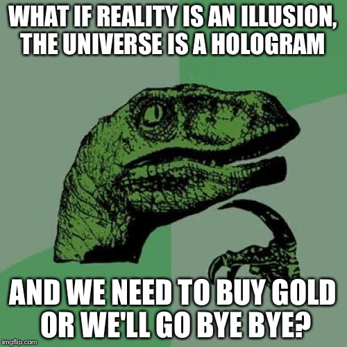 Philosoraptor Meme | WHAT IF REALITY IS AN ILLUSION, THE UNIVERSE IS A HOLOGRAM; AND WE NEED TO BUY GOLD OR WE'LL GO BYE BYE? | image tagged in memes,philosoraptor | made w/ Imgflip meme maker