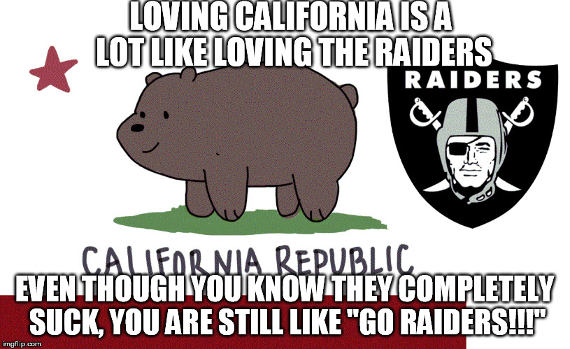 Loving California...now typo free!!! | LOVING CALIFORNIA IS A LOT LIKE LOVING THE RAIDERS; EVEN THOUGH YOU KNOW THEY COMPLETELY SUCK, YOU ARE STILL LIKE "GO RAIDERS!!!" | image tagged in raiders,califonia,california lovin,now typo free | made w/ Imgflip meme maker
