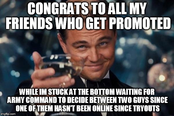 Leonardo Dicaprio Cheers Meme | CONGRATS TO ALL MY FRIENDS WHO GET PROMOTED; WHILE IM STUCK AT THE BOTTOM WAITING FOR ARMY COMMAND TO DECIDE BETWEEN TWO GUYS SINCE ONE OF THEM HASN'T BEEN ONLINE SINCE TRYOUTS | image tagged in memes,leonardo dicaprio cheers | made w/ Imgflip meme maker