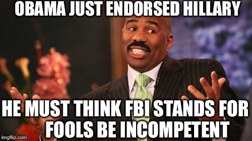 Ain't That The S.H.I.T.   The Steve Harvey Investigative Truths  | OBAMA JUST ENDORSED HILLARY; HE MUST THINK FBI STANDS FOR        FOOLS BE INCOMPETENT | image tagged in steve harvey,political meme,obama,hillary clinton,fbi | made w/ Imgflip meme maker
