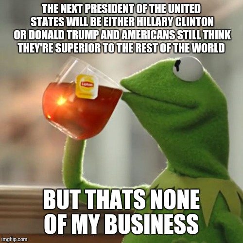 But That's None Of My Business Meme | THE NEXT PRESIDENT OF THE UNITED STATES WILL BE EITHER HILLARY CLINTON OR DONALD TRUMP AND AMERICANS STILL THINK THEY'RE SUPERIOR TO THE REST OF THE WORLD; BUT THATS NONE OF MY BUSINESS | image tagged in memes,but thats none of my business,kermit the frog | made w/ Imgflip meme maker