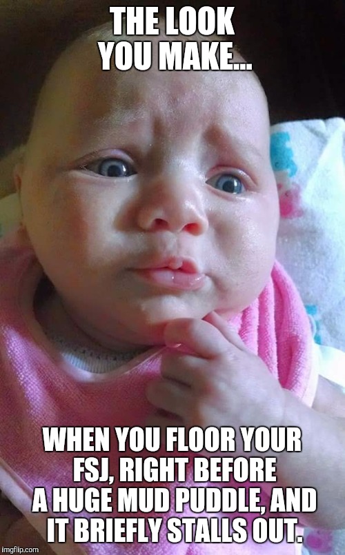 Worried | THE LOOK YOU MAKE... WHEN YOU FLOOR YOUR FSJ, RIGHT BEFORE A HUGE MUD PUDDLE, AND IT BRIEFLY STALLS OUT. | image tagged in worried | made w/ Imgflip meme maker
