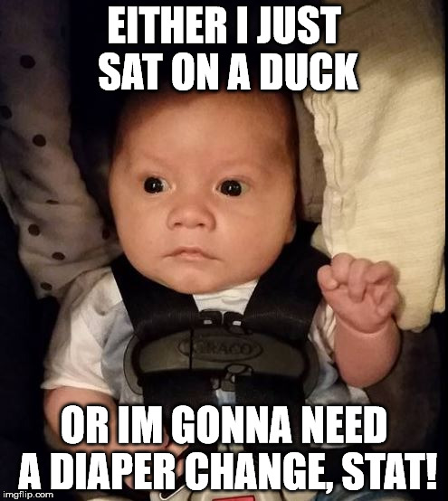 Uh oh! | EITHER I JUST SAT ON A DUCK; OR IM GONNA NEED A DIAPER CHANGE, STAT! | image tagged in poopy pants,baby | made w/ Imgflip meme maker