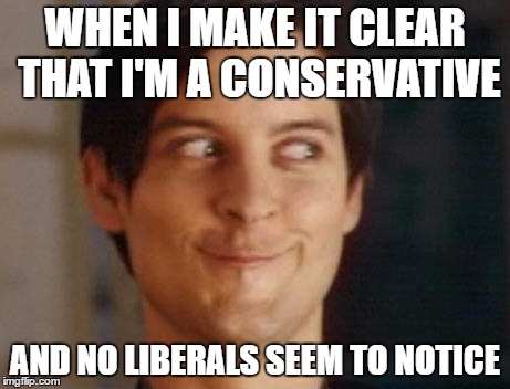 Spiderman Peter Parker Meme |  WHEN I MAKE IT CLEAR THAT I'M A CONSERVATIVE; AND NO LIBERALS SEEM TO NOTICE | image tagged in memes,spiderman peter parker,conservative,liberals,liberal logic,lol | made w/ Imgflip meme maker