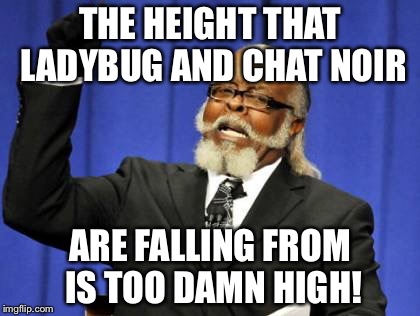 Too Damn High Meme | THE HEIGHT THAT LADYBUG AND CHAT NOIR ARE FALLING FROM IS TOO DAMN HIGH! | image tagged in memes,too damn high | made w/ Imgflip meme maker