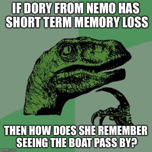 Check the comments for the video, but how, unless she was lying about it, check comments 
 | IF DORY FROM NEMO HAS SHORT TERM MEMORY LOSS; THEN HOW DOES SHE REMEMBER SEEING THE BOAT PASS BY? | image tagged in memes,philosoraptor | made w/ Imgflip meme maker