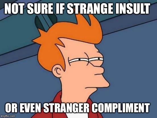 I hope I'm not copying anyone else's meme  | NOT SURE IF STRANGE INSULT; OR EVEN STRANGER COMPLIMENT | image tagged in memes,futurama fry | made w/ Imgflip meme maker