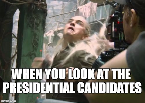 yay... Fun... | WHEN YOU LOOK AT THE PRESIDENTIAL CANDIDATES | image tagged in legolas crazy,president,candidates,donald trump,trump | made w/ Imgflip meme maker