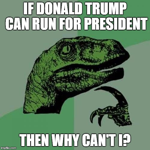 Philosoraptor Meme | IF DONALD TRUMP CAN RUN FOR PRESIDENT; THEN WHY CAN'T I? | image tagged in memes,philosoraptor | made w/ Imgflip meme maker