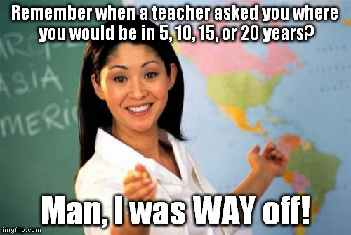 If I knew then what I know now... | Remember when a teacher asked you where you would be in 5, 10, 15, or 20 years? Man, I was WAY off! | image tagged in memes,unhelpful high school teacher | made w/ Imgflip meme maker
