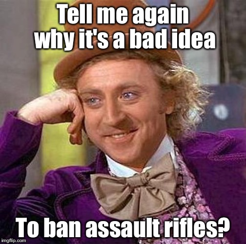Creepy Condescending Wonka Meme | Tell me again why it's a bad idea; To ban assault rifles? | image tagged in memes,creepy condescending wonka | made w/ Imgflip meme maker