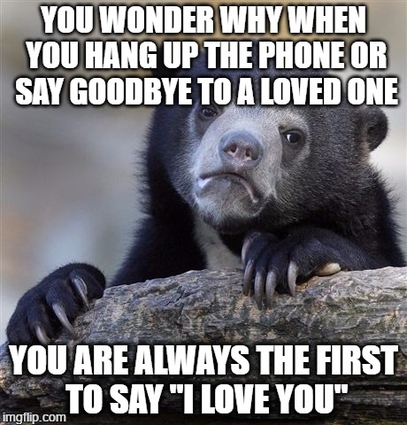 Confession Bear | YOU WONDER WHY WHEN YOU HANG UP THE PHONE OR SAY GOODBYE TO A LOVED ONE; YOU ARE ALWAYS THE FIRST TO SAY "I LOVE YOU" | image tagged in memes,confession bear | made w/ Imgflip meme maker