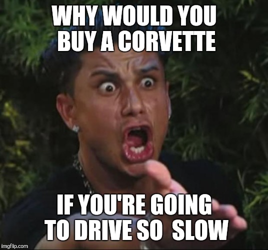 DJ Pauly D Meme | WHY WOULD YOU BUY A CORVETTE; IF YOU'RE GOING TO DRIVE SO  SLOW | image tagged in memes,dj pauly d,gotta go fast | made w/ Imgflip meme maker