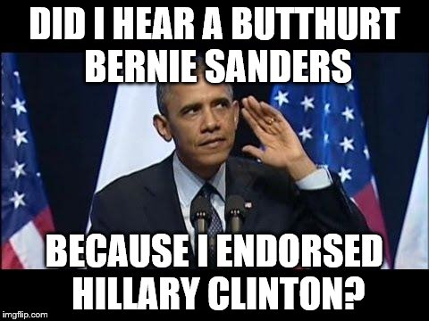 Obama No Listen | DID I HEAR A BUTTHURT BERNIE SANDERS; BECAUSE I ENDORSED HILLARY CLINTON? | image tagged in memes,obama no listen | made w/ Imgflip meme maker