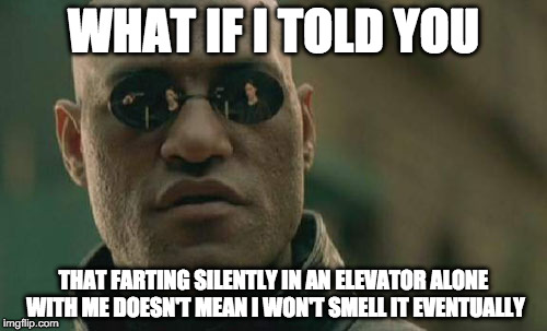 Matrix Morpheus | WHAT IF I TOLD YOU; THAT FARTING SILENTLY IN AN ELEVATOR ALONE WITH ME DOESN'T MEAN I WON'T SMELL IT EVENTUALLY | image tagged in memes,matrix morpheus | made w/ Imgflip meme maker