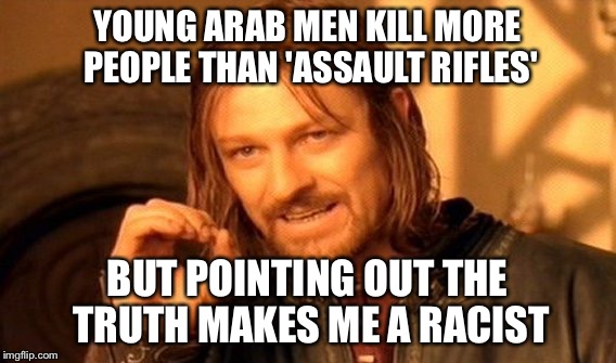 One Does Not Simply Meme | YOUNG ARAB MEN KILL MORE PEOPLE THAN 'ASSAULT RIFLES' BUT POINTING OUT THE TRUTH MAKES ME A RACIST | image tagged in memes,one does not simply | made w/ Imgflip meme maker
