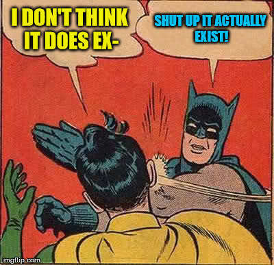 Batman Slapping Robin Meme | I DON'T THINK IT DOES EX- SHUT UP IT ACTUALLY EXIST! | image tagged in memes,batman slapping robin | made w/ Imgflip meme maker