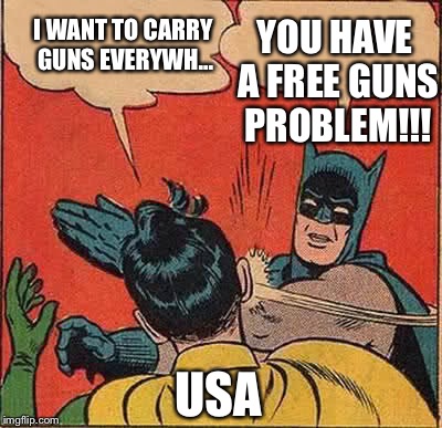 America, you have a problem!  | YOU HAVE A FREE GUNS PROBLEM!!! I WANT TO CARRY GUNS EVERYWH... USA | image tagged in memes,batman slapping robin,gun control | made w/ Imgflip meme maker