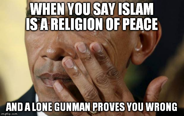 Crying Obama | WHEN YOU SAY ISLAM IS A RELIGION OF PEACE; AND A LONE GUNMAN PROVES YOU WRONG | image tagged in obama crying | made w/ Imgflip meme maker