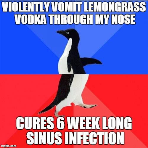 Socially Awkward Awesome Penguin | VIOLENTLY VOMIT LEMONGRASS VODKA THROUGH MY NOSE; CURES 6 WEEK LONG SINUS INFECTION | image tagged in memes,socially awkward awesome penguin,AdviceAnimals | made w/ Imgflip meme maker
