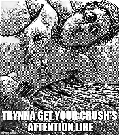 TRYNNA GET YOUR CRUSH'S ATTENTION LIKE | image tagged in crush,attention,attack on titan,memes | made w/ Imgflip meme maker