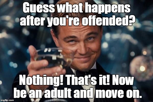 Leonardo Dicaprio Cheers Meme | Guess what happens after you're offended? Nothing! That's it! Now be an adult and move on. | image tagged in memes,leonardo dicaprio cheers | made w/ Imgflip meme maker
